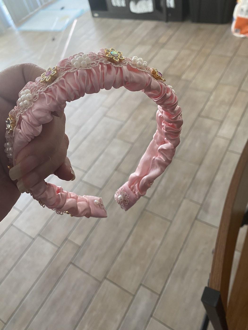 Pink ruched jeweled headband