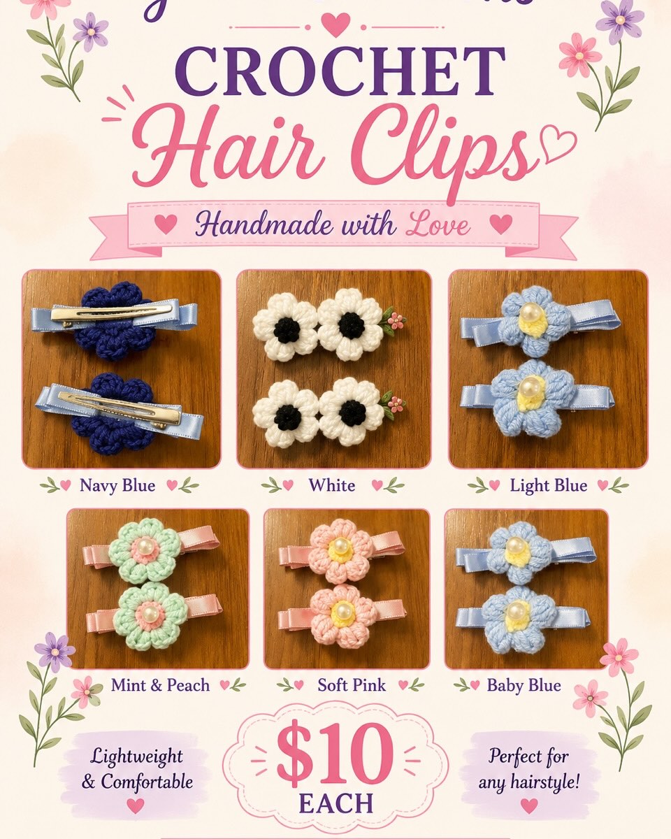 Crochet flower hair clips