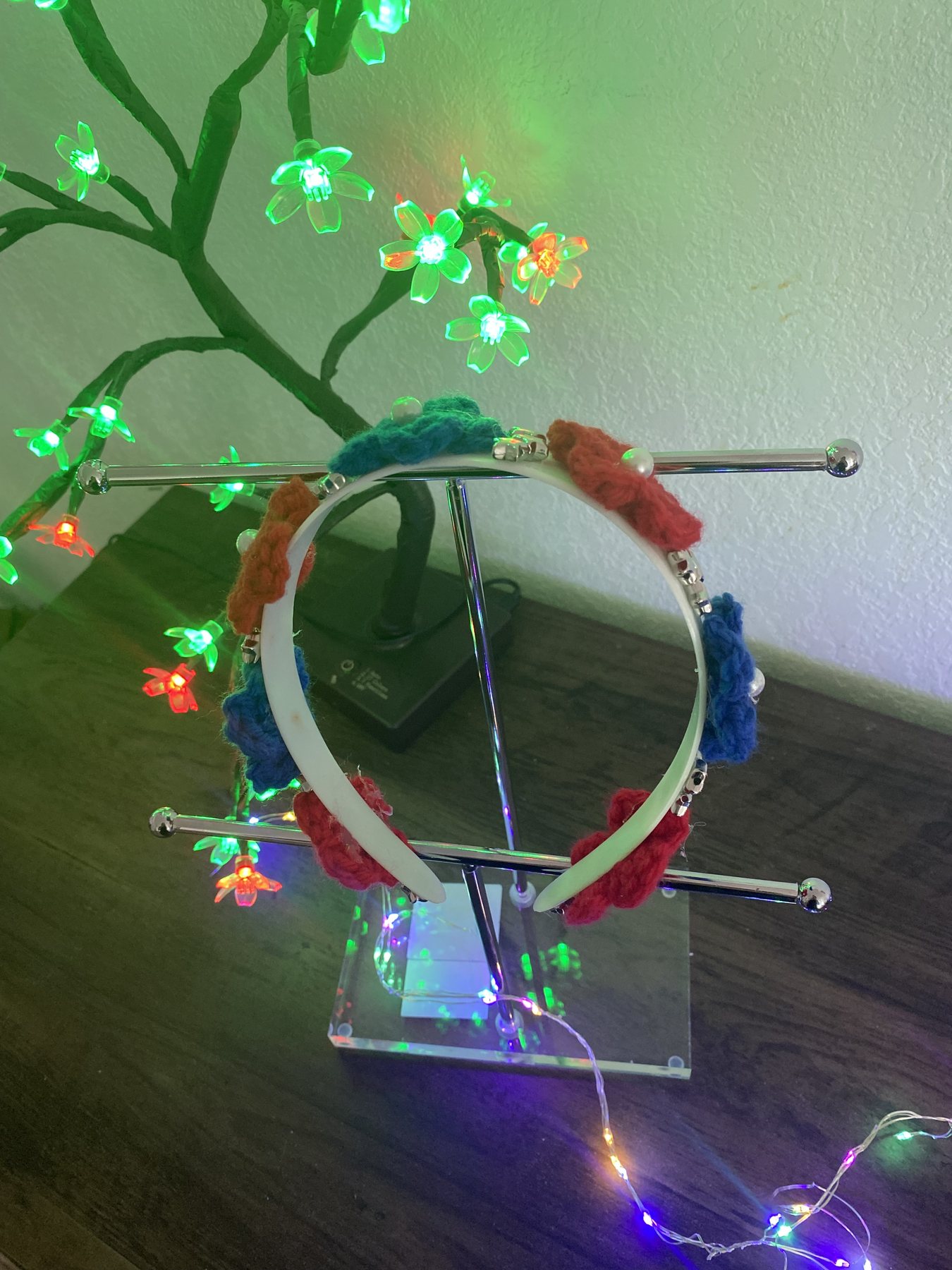 Crochet flower crystal headband — side view