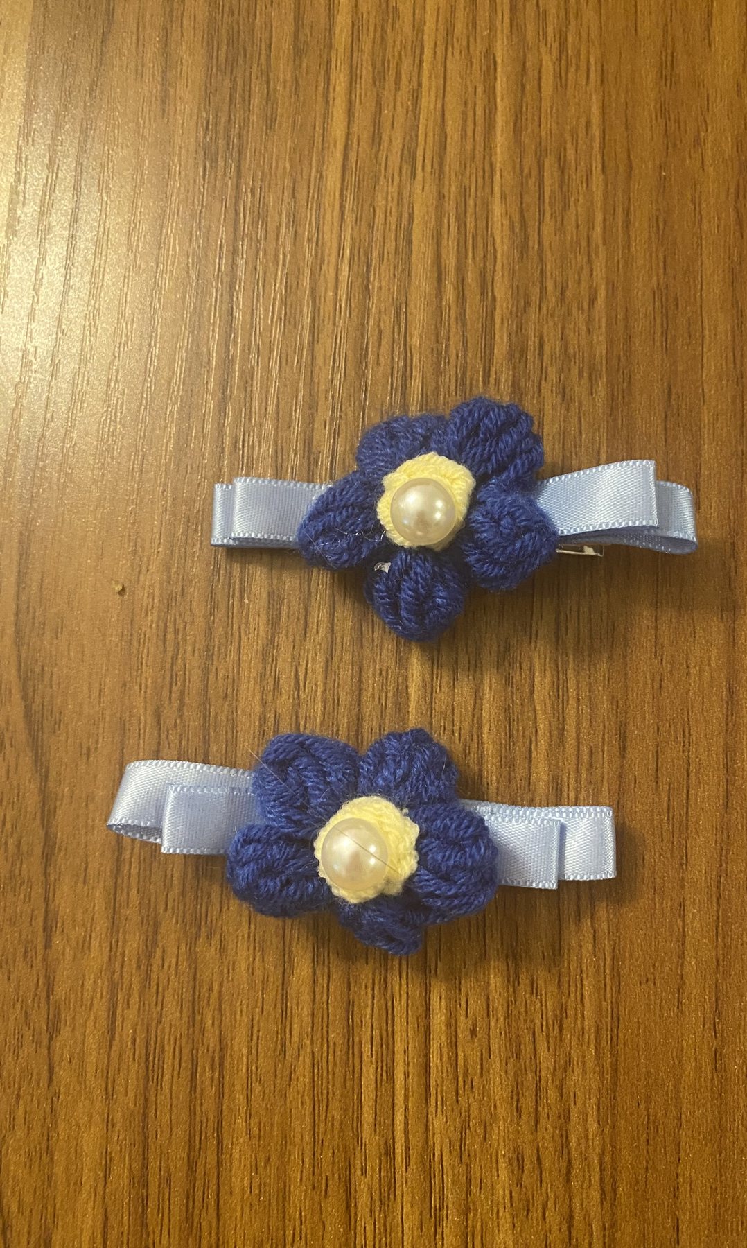 Navy crochet flower clips