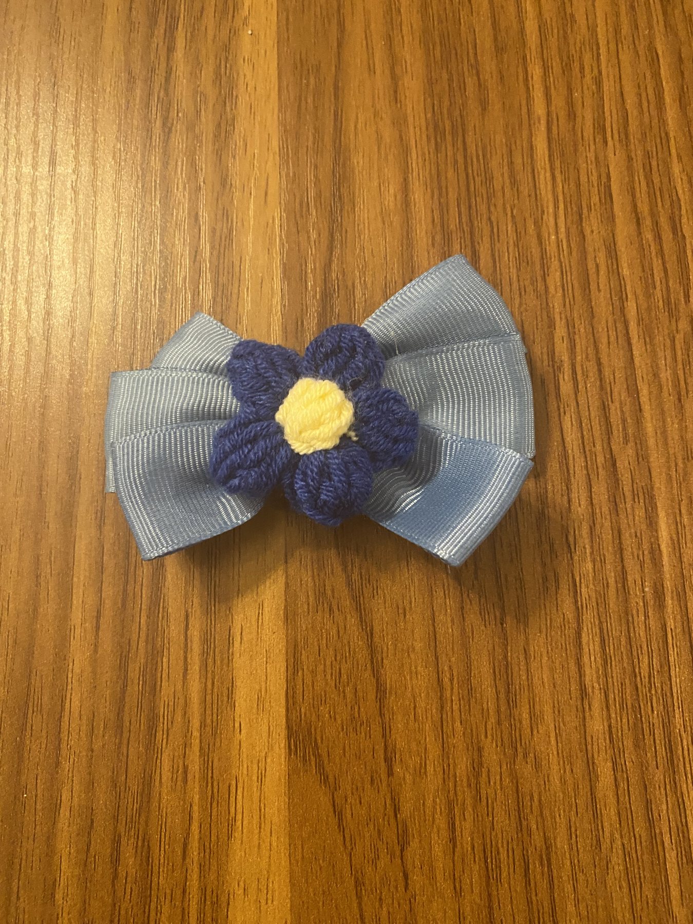 Blue crochet flower bow clip