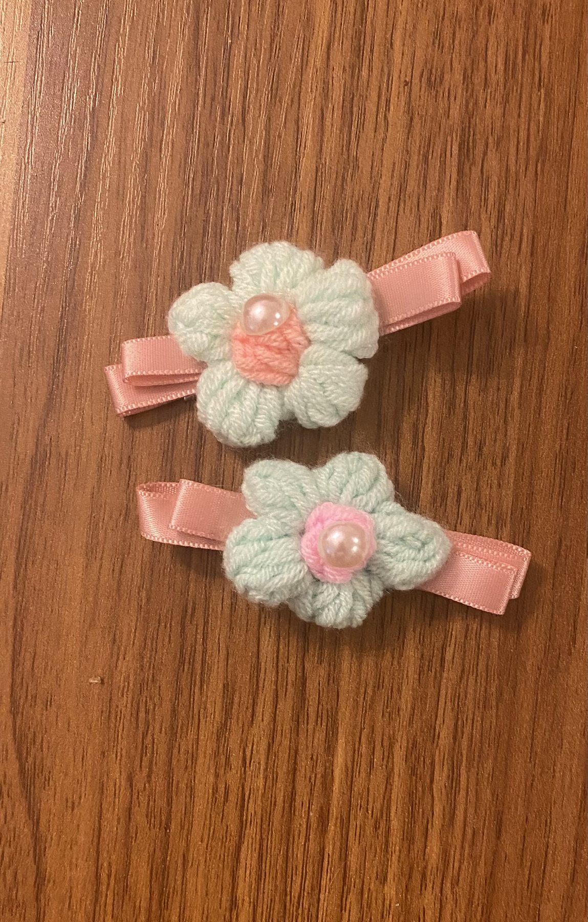 Mint and pink crochet flower clips