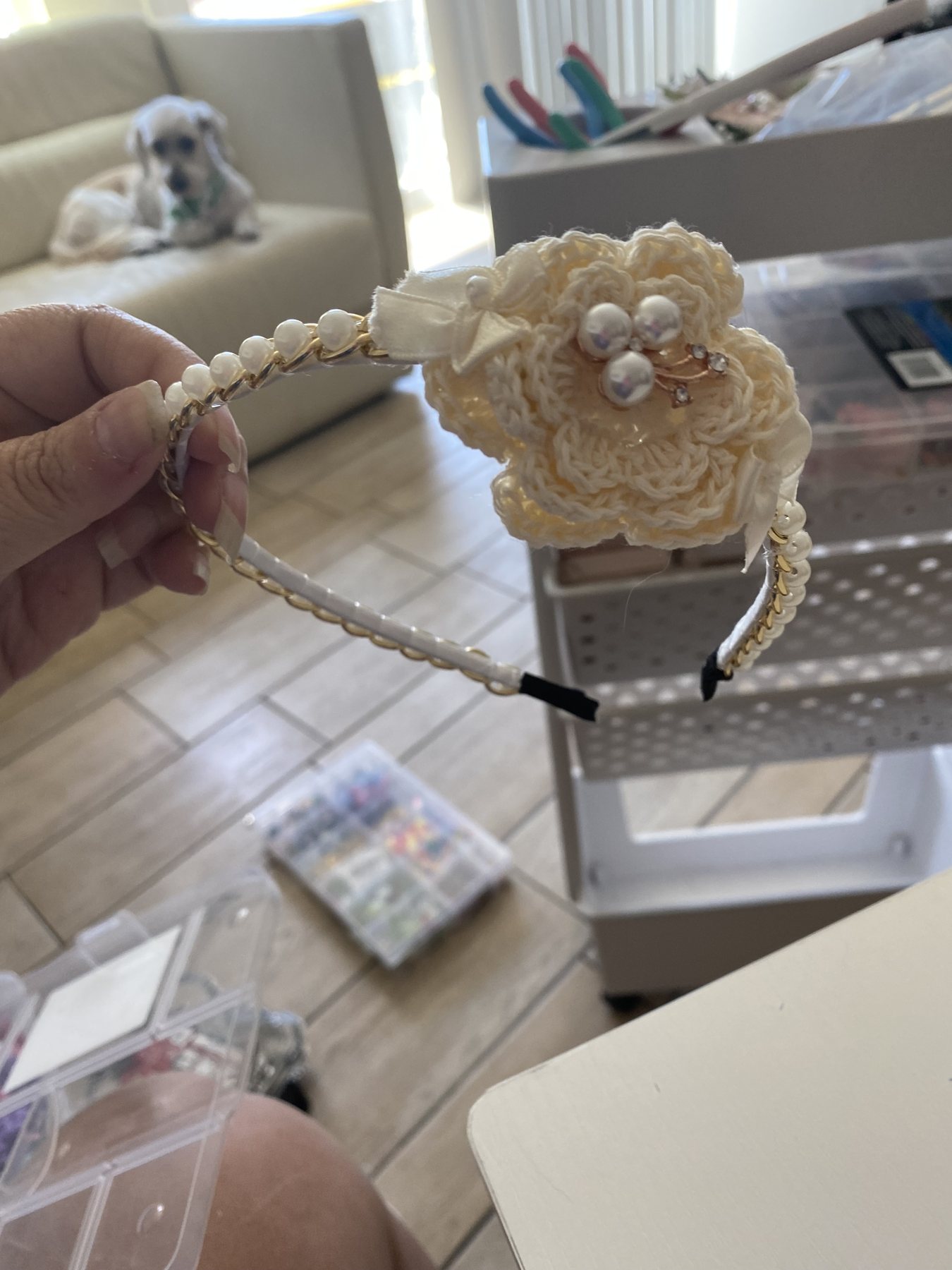 Ivory crochet flower pearl headband