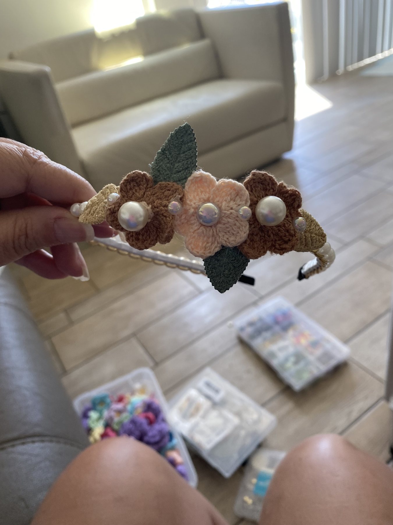 Earth-tone crochet flower pearl headband