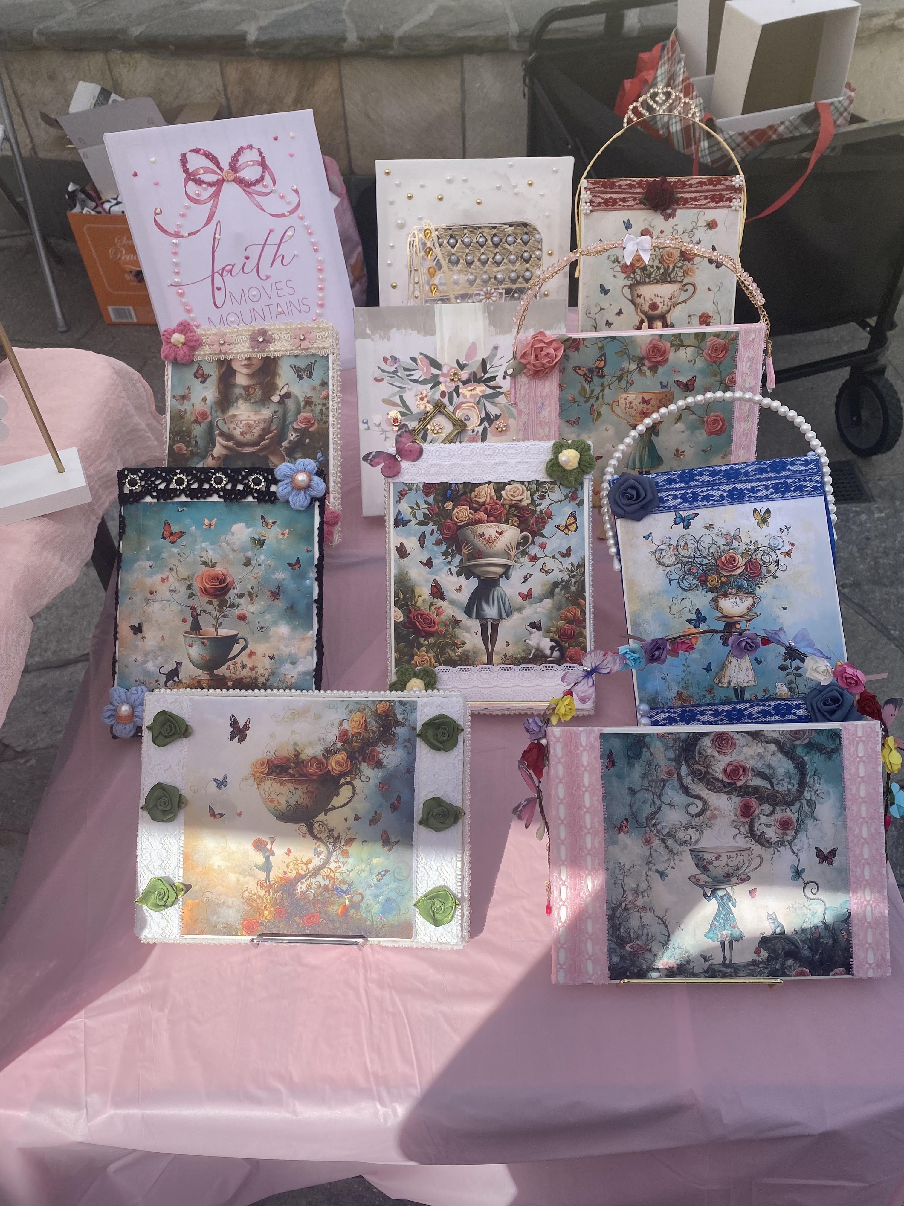 Whimsical tea-party art plaques — sold individually