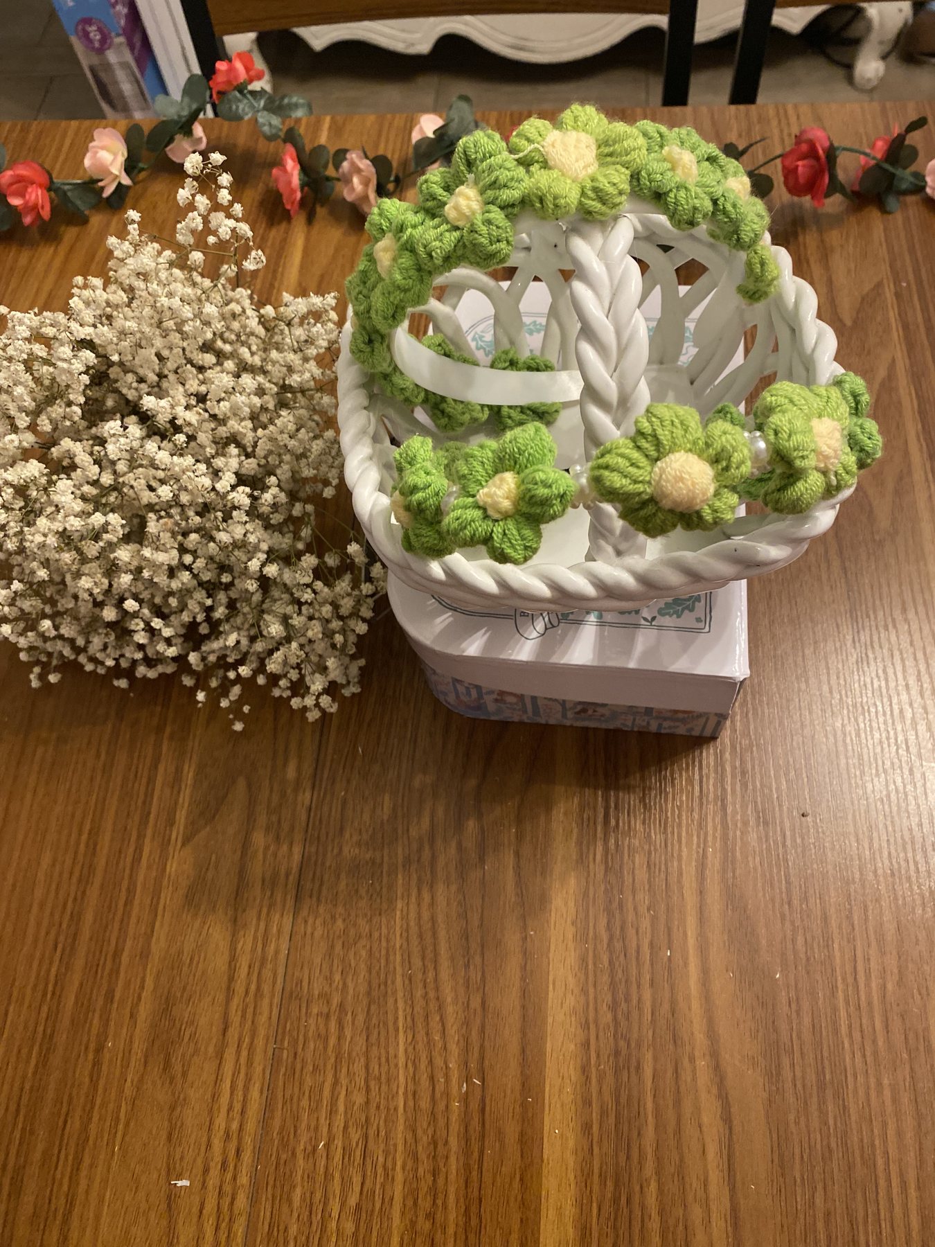 Green crochet floral accessory set