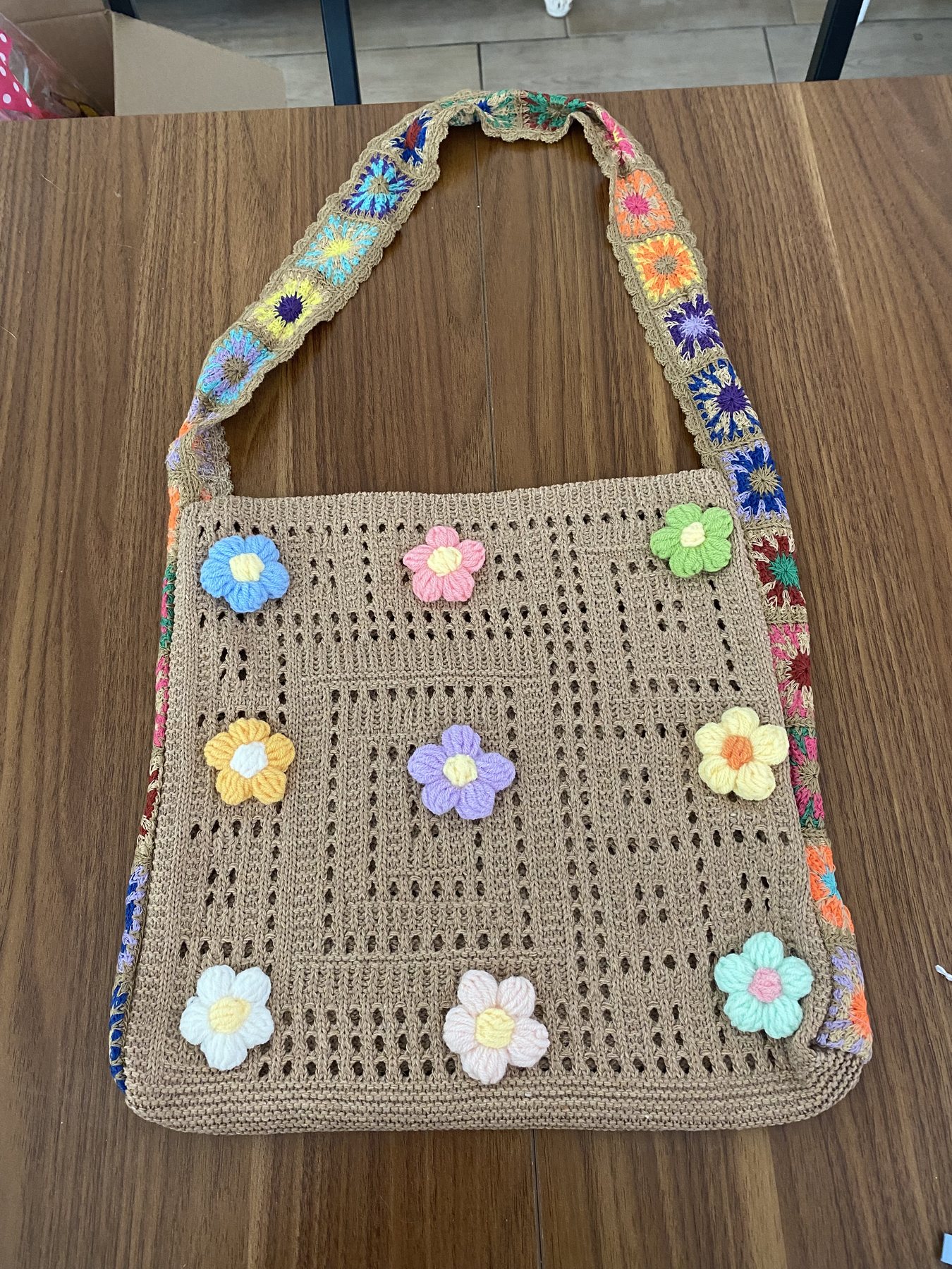 Tan crochet flower tote