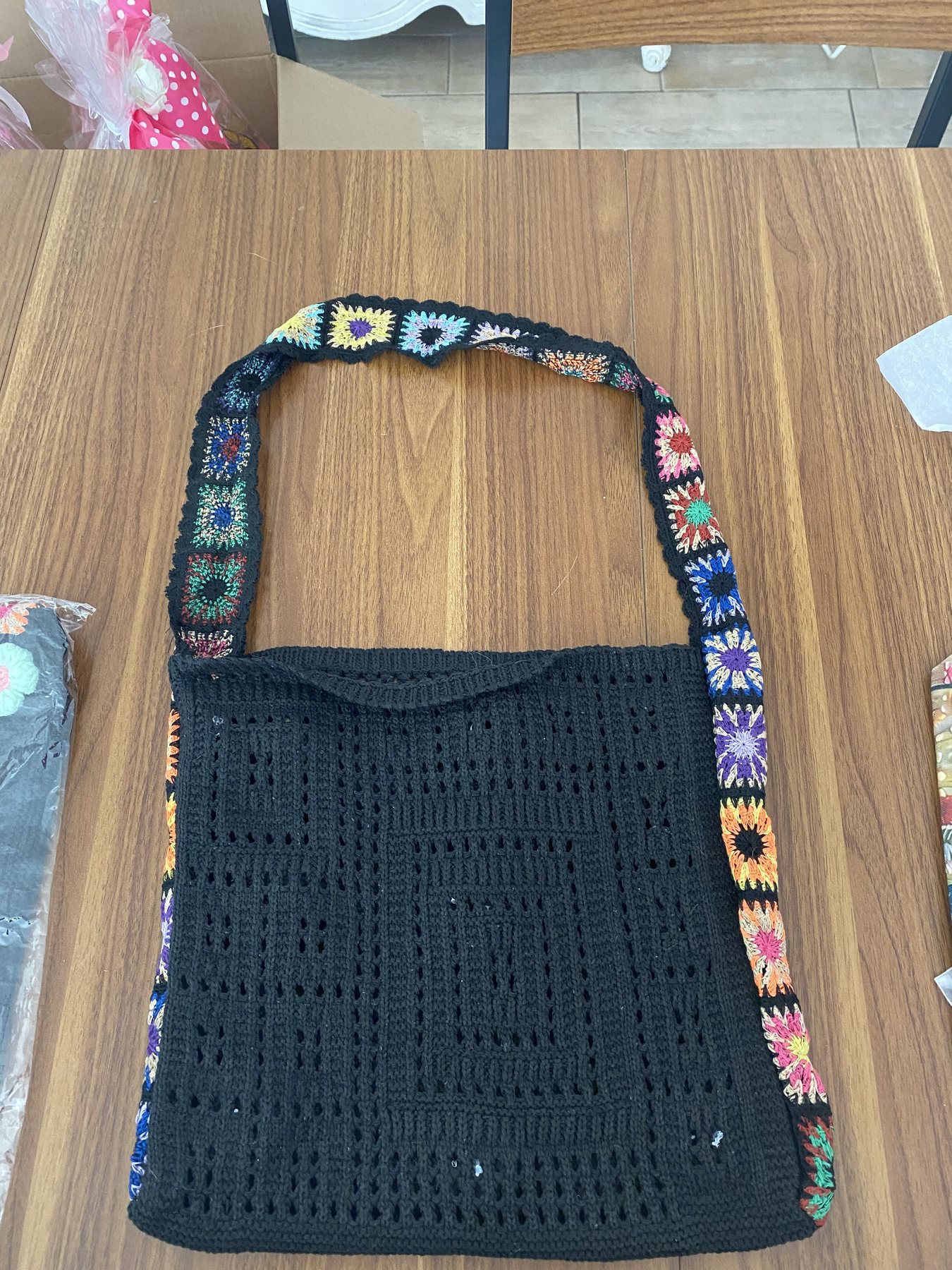 Black crochet granny-square tote